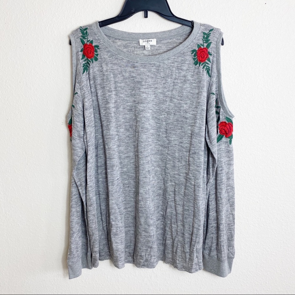 Umgee Cold Shoulder Top with Red Embroidered Roses